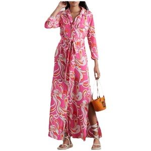 L'Agence Cameron Printed Silk Crepe De Chine Maxi Shirt Dress Pink White Swirl S